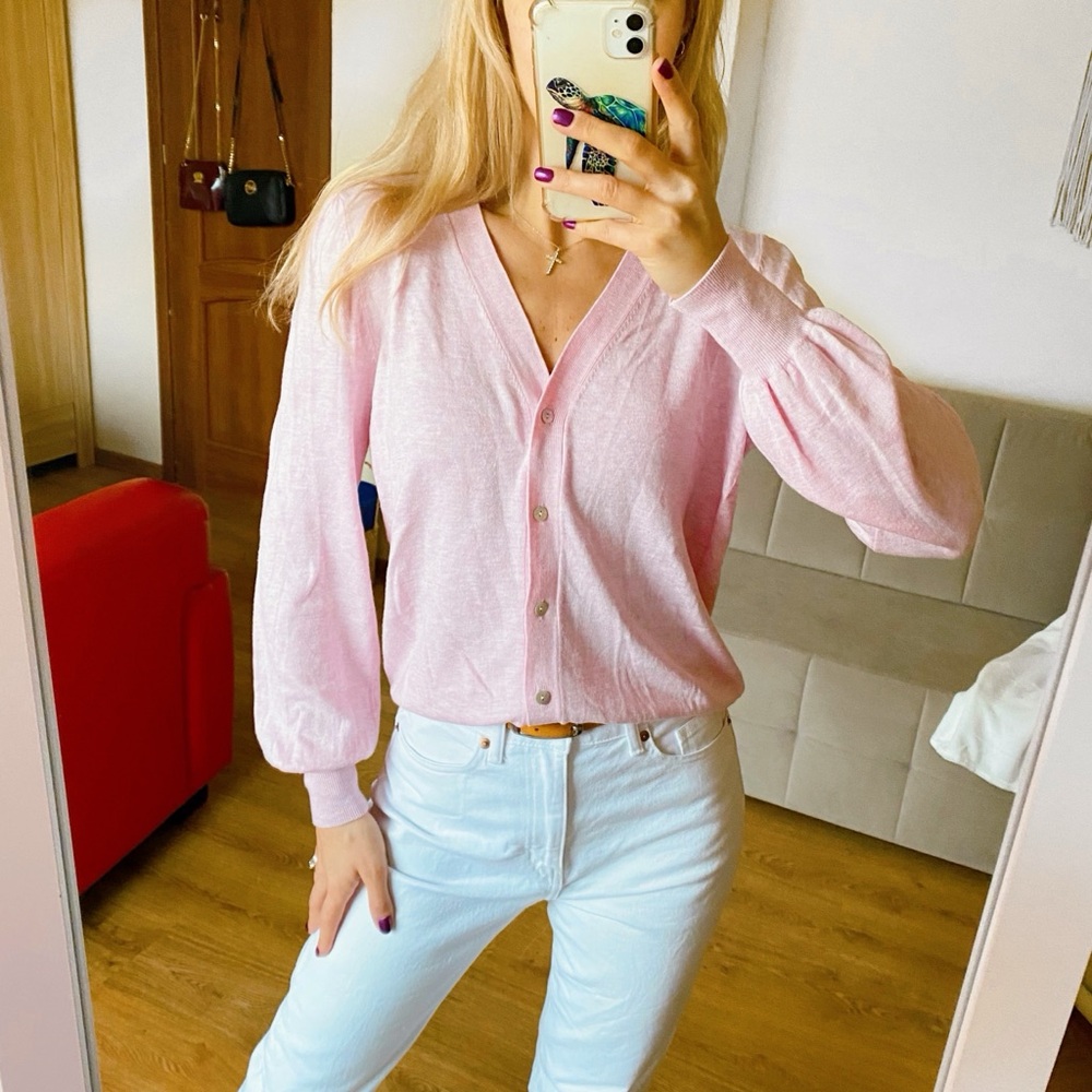 TCM Light Pink Puff Sleeve V-Neck Cardigan Sweater 🌸